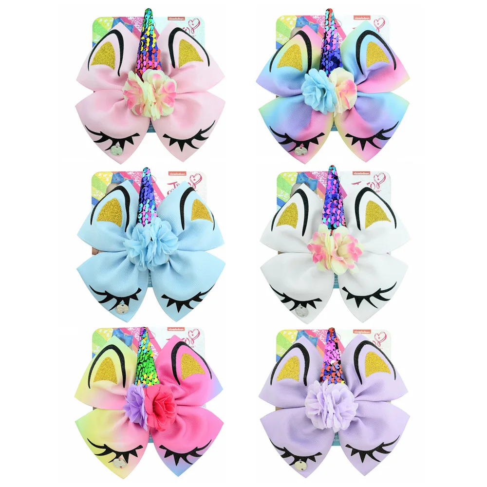 

1piece 6.3" JoJo Clip High Quality Bow With Cute Ear Design Hair Clip Ribbon Bow With Unicorn Horn Hair Accessories 885-J