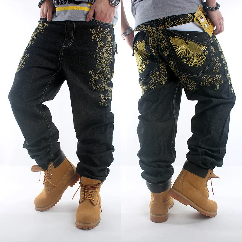 Новинка, черные мужские Свободные мешковатые джинсы в стиле хип-хоп с золотой вышивкой для мальчиков, мужские джинсы, брюки, большие size30-46