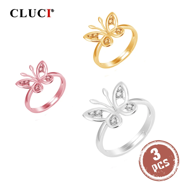 

CLUCI 3pcs Silver 925 Butterfly Rings Jewelry Women Pearl Ring Mounting 925 Sterling Silver Zircon Adjustable Ring SR2182SB