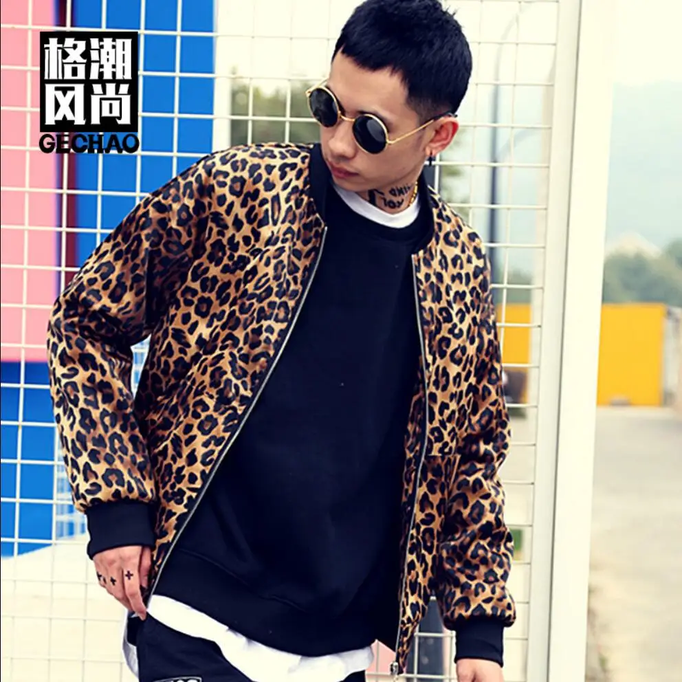 

New Fashion Classic Leopard Jacket Tide Men Casual Baseball Jacket Coat Nightclub Bar Hairstylist Clothing Singer Stage Costumes