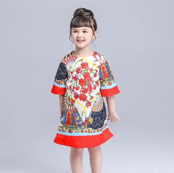 

Retro Girls Autumn Half-sleeved Dress Cute Girl Cotton O-neck Dresses European And Amercian Style Children Vestidos Menina