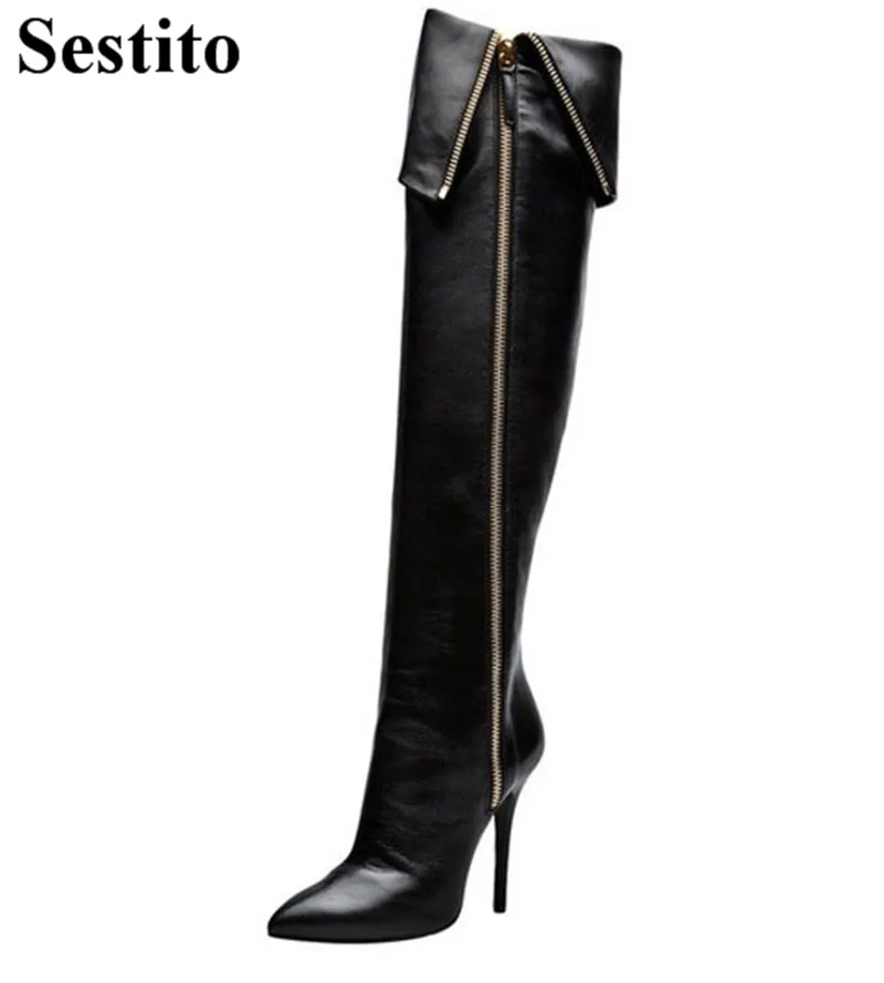 

European Black Zipper Pointed Toe Woman Boots Super High Over-the-Knee Boots For Women Thin Heels Zip Ladies Shoes Spring/Autumn