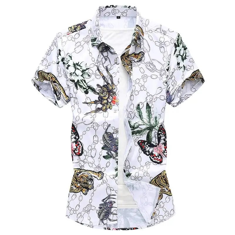 

M-7XL Dress Mens Shirt Tiger animal pattern Short-sleeved New Model Shirts Loose Hawaiian Style Summer