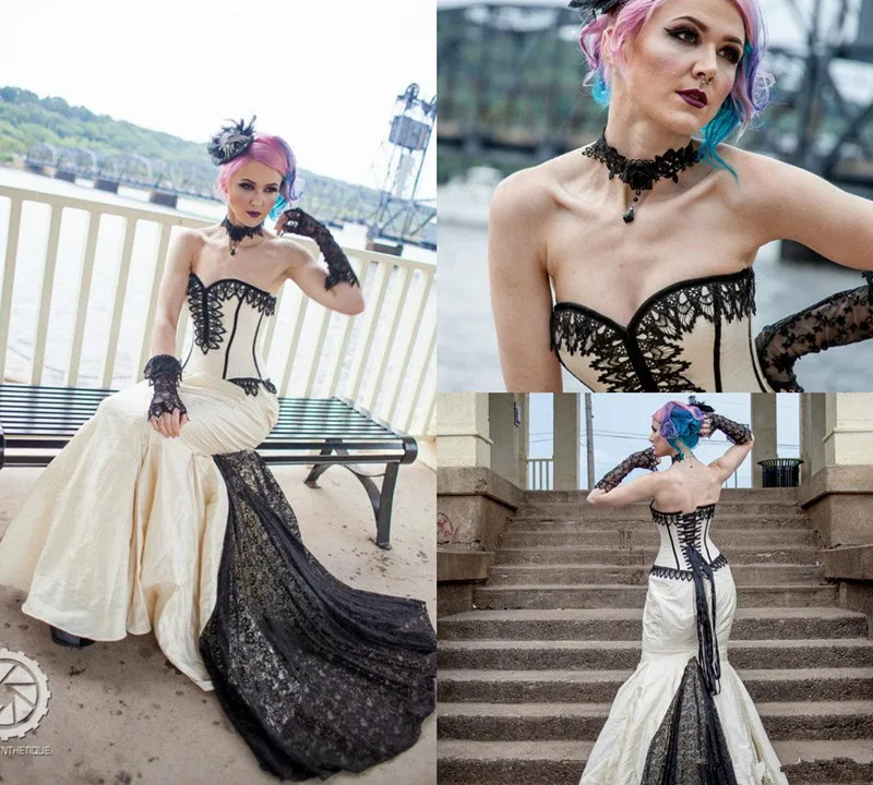 

Goth Gothic Bridal Steampunk Gown Halloween Wedding Sweetheart Lace Up Back Sweep Train Satin robe de mariée Sweep Train