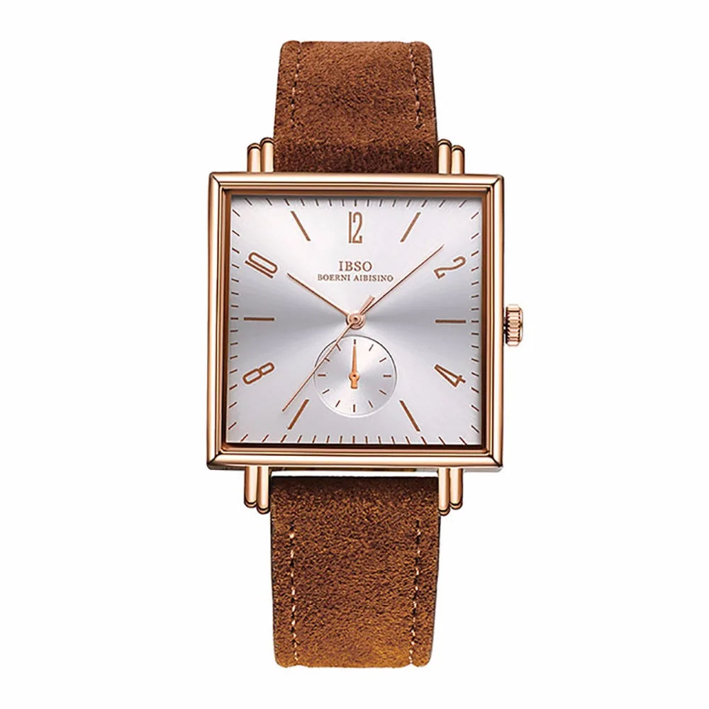 

IBSO Luxury Square Watches for Mens Rose Gold Brown Leather Strap Small Second Analog Quartz Watches Fashion Ultra Thin Watches