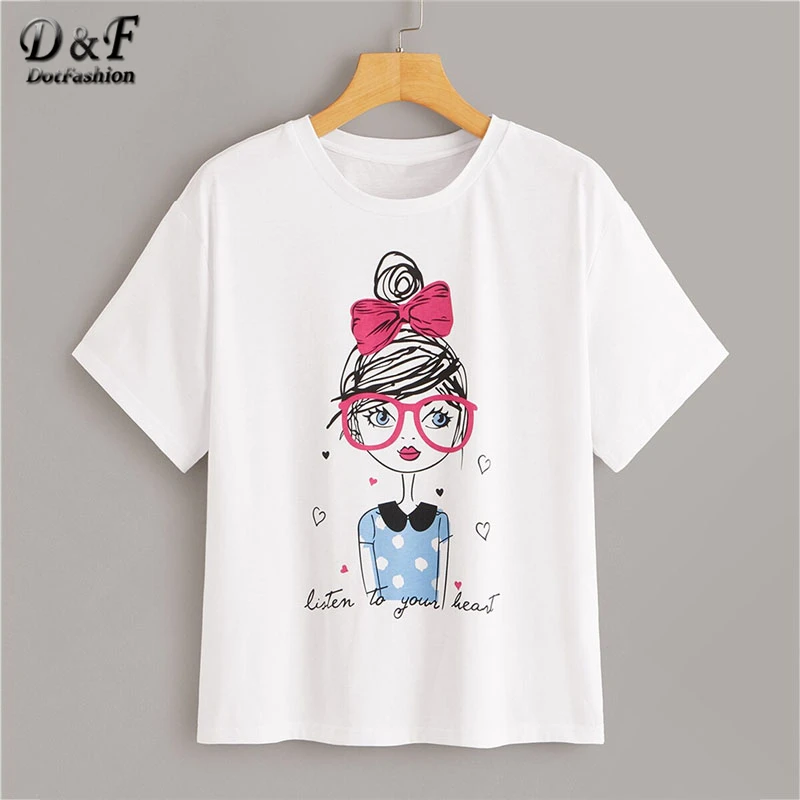 

Dotfashion White Letter And Girl Print Tee Women 2019 Summer Casual Tops Short Sleeve Clothing Ladies Korean Fashion T-Shirt