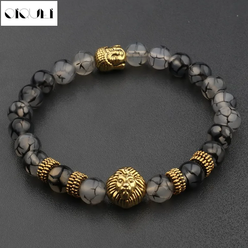 

OIQUEI Gold Buddha&Lion head Beaded Bracelets Men Lava Onyx Natural Stone Beads Stretch Yoga Bracelets For Women Charm Jewelry