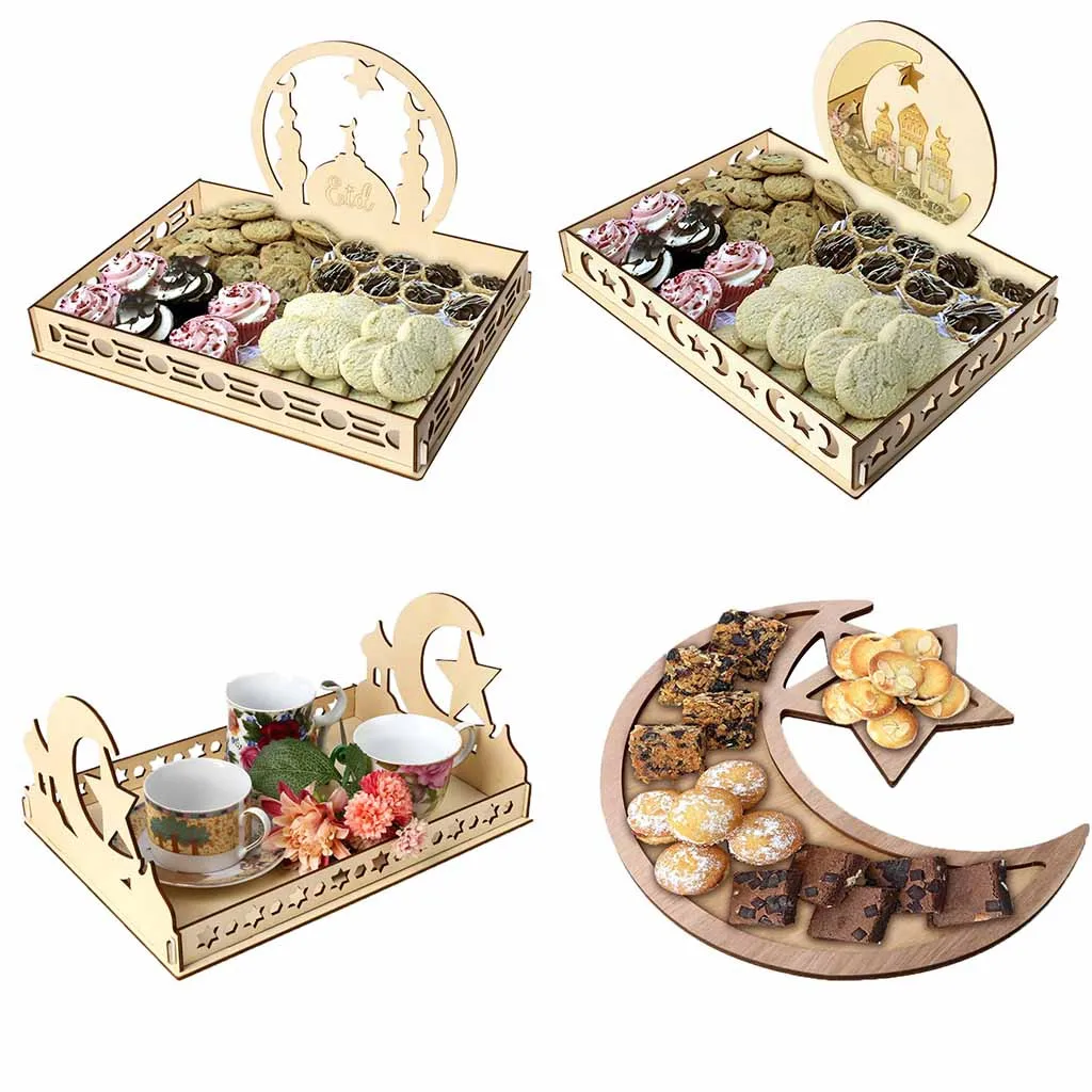 

Wooden Artistic Eid Mubarak Party Serving Tableware Tray Display Wood Eid al-Fitr Table Decoration Dessert Tray Dropshipping D9