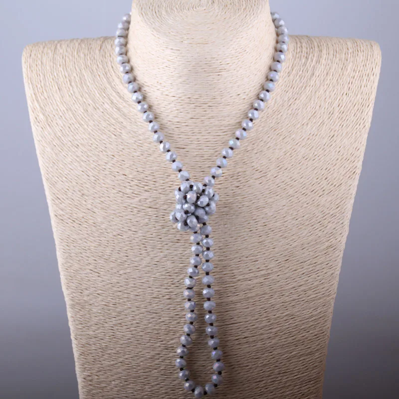 Bohemian Jewelry Knotted Long Blush Crystal Necklace