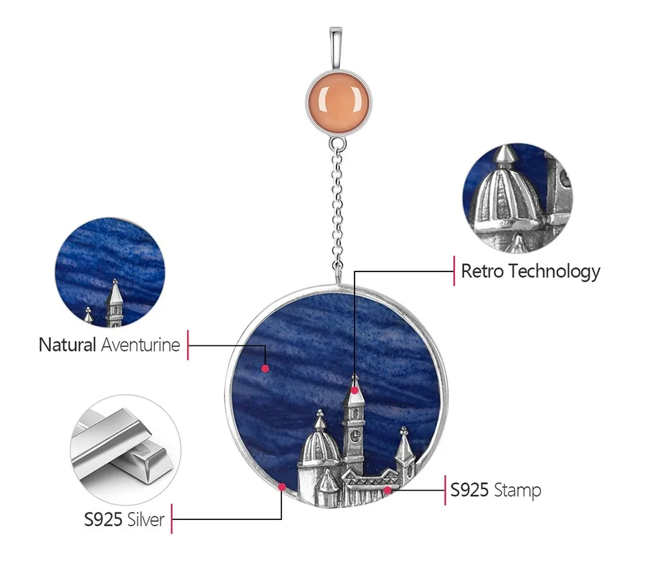 Новое прибытие модно аксессуары женщины Уникальный ручная работа ювелирные изделия 925 стерлинговое серебро эксклюзивный Великолепная Урожай Флорентийского собора Дизайн Кулон Природный камень
