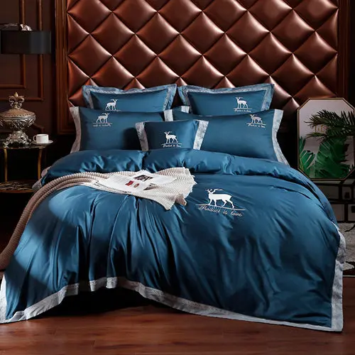 3 4 шт., винный красный, синий, хаки, queen King size, Комплект постельного белья из египетского хлопка, мягкий комплект постельного белья, вышивка лося, пододеяльник, наволочка - Цвет: 3