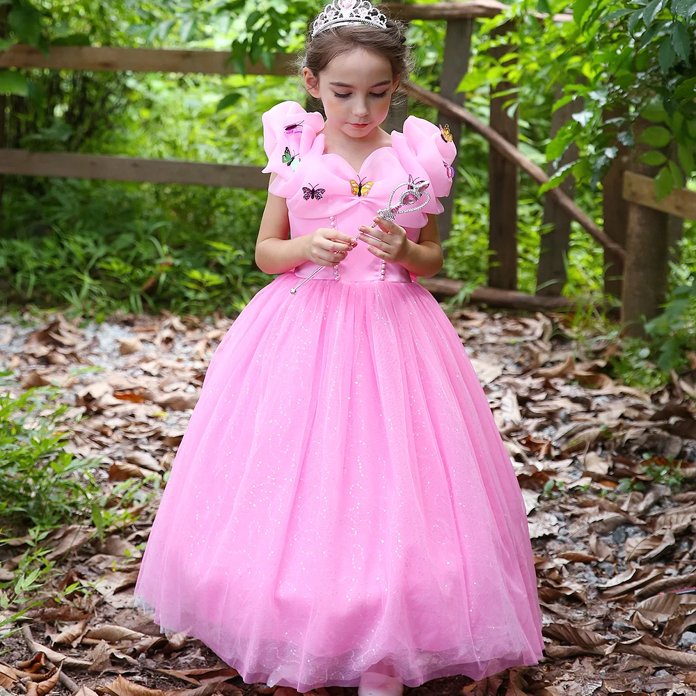 Halloween Children Sleeping Beauty Pearls Costume Fancy Girls Aurora Princess dresses Girl Pink
