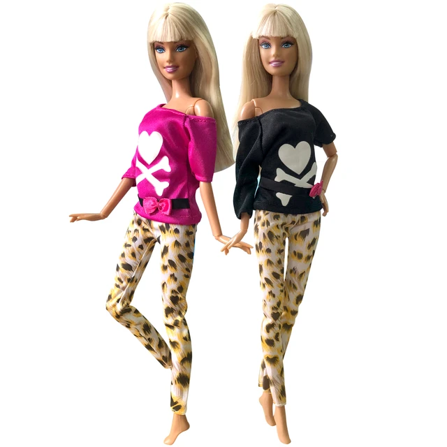NK 2 Pcs/ Set Doll Outfit Handmade Fashion Dress Cartoon Cute Pattern  T-shirt Leggings Trousers