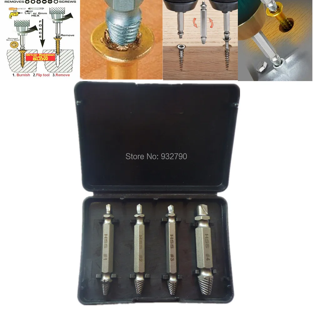 

4pcs Double-Headed Damaged Screw Extractor Drill&Guide Removal Broken Bolts Easy Out Set Use With Any Drill 1# 2# 3# 4# W/ Case
