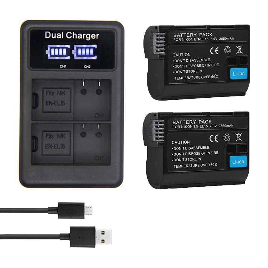 

2550mAh EN-EL15 EN EL15 ENEL15 EL15A Digital Camera Battery + USB LCD Dual Charger for Nikon D810 D7000 d750 V1 D610 D600E D800E