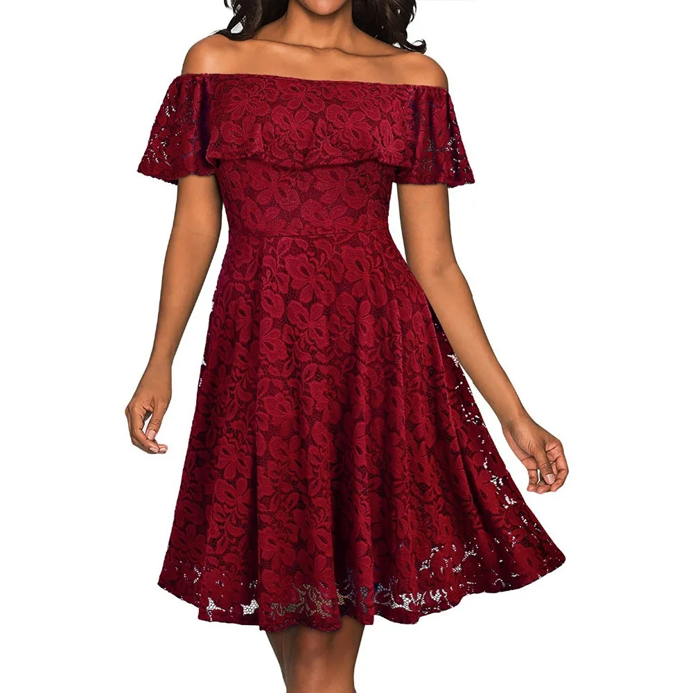 

Women's Casual Off Shoulder Floral Lace Swing Dress Slash Neck Vintage Evening Party Dresses Vestido de festa Robe Femme