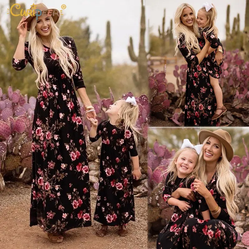 

Mother Daughter Dresses Navy Floral Long Vestidos Mother and Daughter Clothes Mom and Daughter Dress Family Matching Clothes
