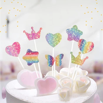 

5PCs Party Cake Decor Rainbow Heart Flash Stars Butterfly Cake Topper Birthday Cupcake Topper For Baby Shower Cake Decoration