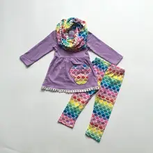 Новое поступление, осенне-зимние комплекты одежды из 3 предметов для маленьких девочек, шарф, чешуя Русалки, фиолетовые штаны хлопковый бутик детской одежды с принтом