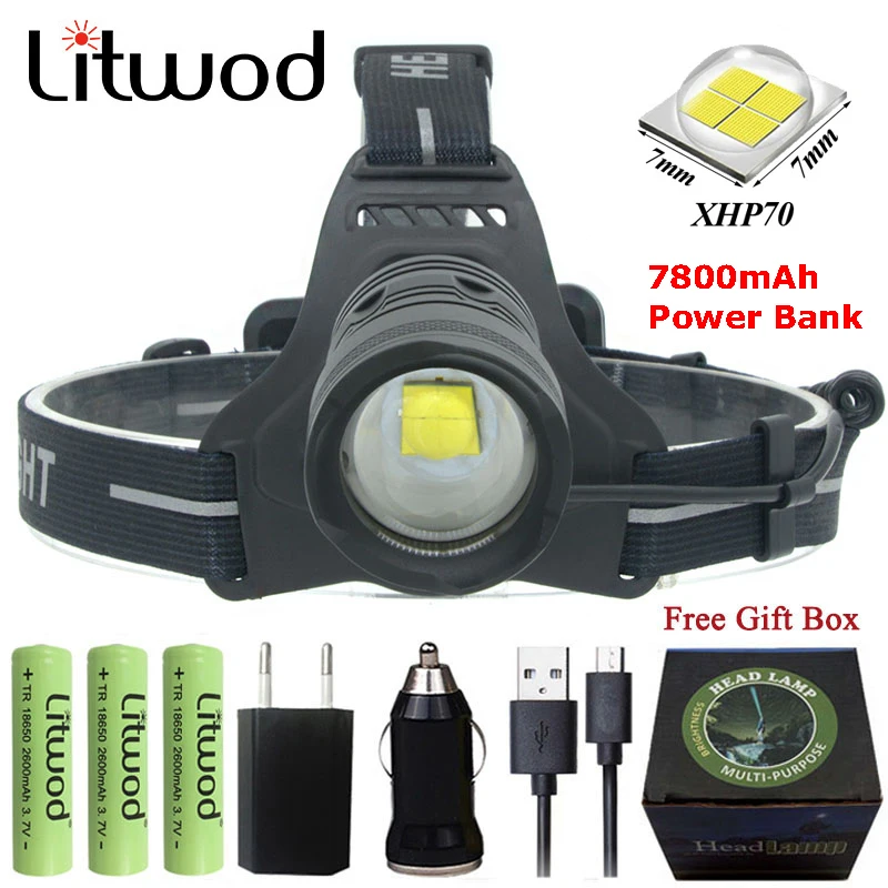 Litwod z252808 светодиодный налобный светильник XHP70 мощная рыболовная Налобная лампа