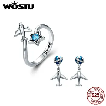 

WOSTU 100% Pure 925 Sterling Silver Blue CZ Star Plane Free Size Finger Ring Drop Earrings Women Jewelry Set Fine Jewelry Gift