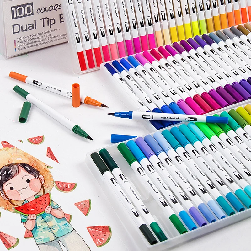 

12/24/36/48/60/72/100Color Fineliner Water Based Dual Head Sketch Markers Brush Pen for Draw Coloring Books Design Art Supplies