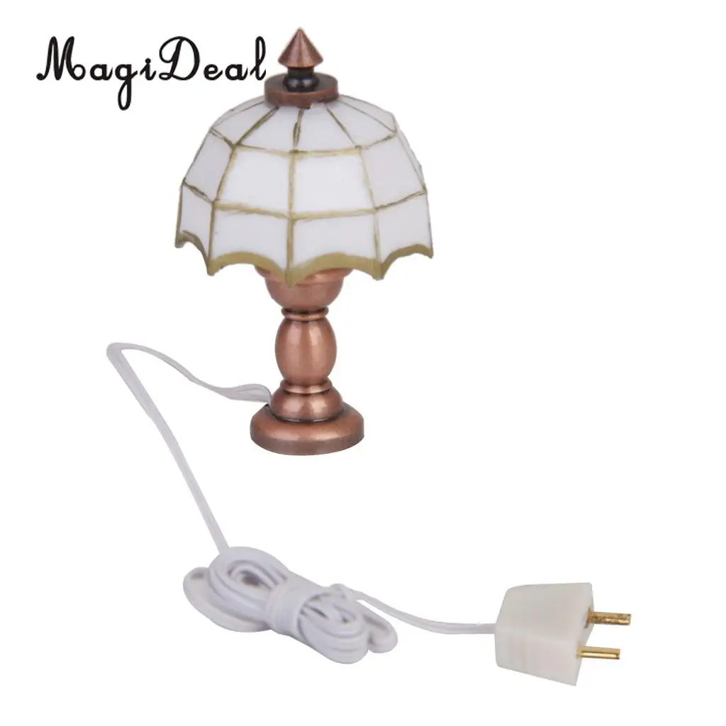 MagiDeal 1Pc 1/12 Dollhouse Miniature White Shade Light Desk Table Reading Lamp for Dolls Bedroom Living Room Home Decor Acc 12V