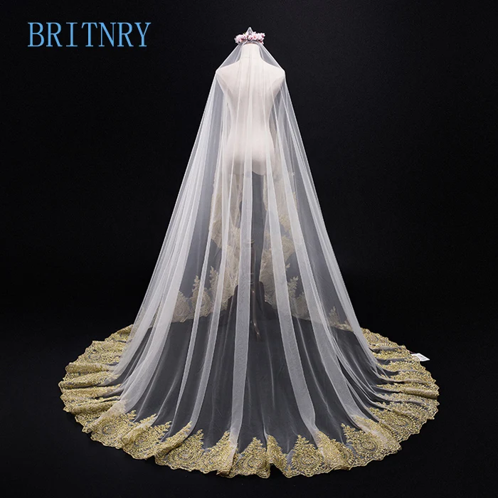 

BRIRTNRY 2018 Real Photos Wedding Veils Gold Lace Edge Ivory Veil High Quality Long Wedding Veil White Champagne Bride Veil