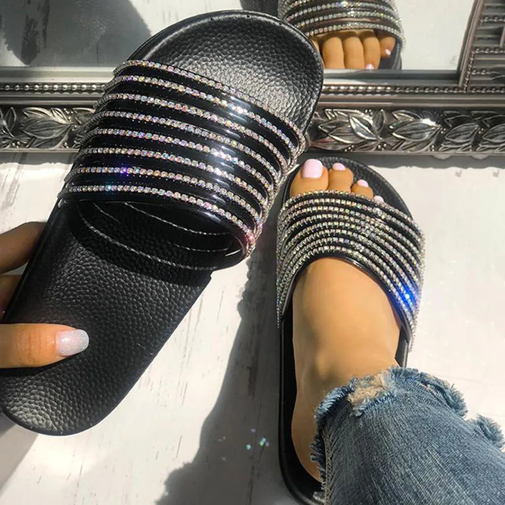 

Ladies Sequins Crystal Open Toe Slippers Women's Low Heel Soft Bottom Bling Outdoor Flats With Beach Sandals Slip On Shoes
