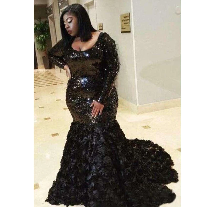 

Lakeydra Black Sequins Mermaid Evening Dresses Scoop Neck with Hand Made Flowers Long Sleeve Plus Size Prom Gowns Robe De Soiree