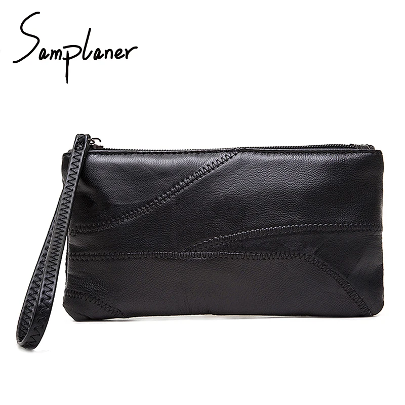 Samplaner Genuine Leather Women Clutches Brand Black Soft Sheepskin Leather Lady Clutch Purse Bags Zipper Purses Female Pouch