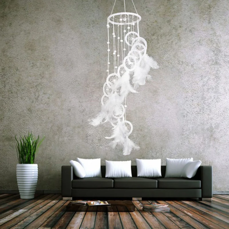 New White Dream Catcher Wind Chimes Wheel Feather Dreamcatcher Living