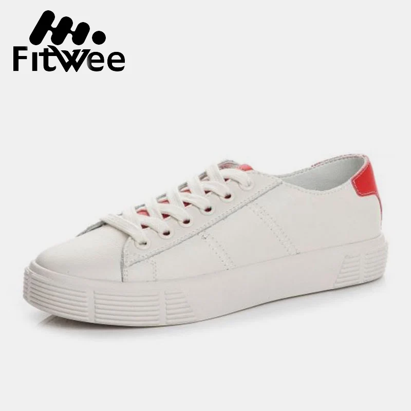 

FitWee Real Leather Skateboard Shoes Women Casual Flats Whites Shoes For Women Spring Ins Fashion Sports Travel Shoe Size 35-40