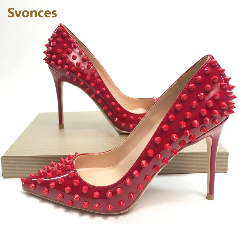 

Dressing High Heels Woman Pumps Luxury Solid Red Nude Rivets Pointy Stilettos Heels Spikes Sexy Formal Evening Shoes Women EU44