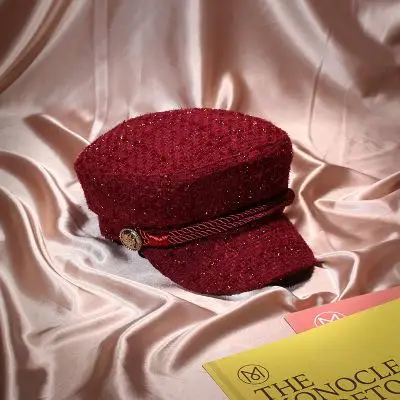 Зимний берет яркий Шелковый Ретро твидовый топ на плоской подошве женская модная шляпа в стиле милитари для девочек Snapback Женская кепка газетчика - Цвет: Wine Red