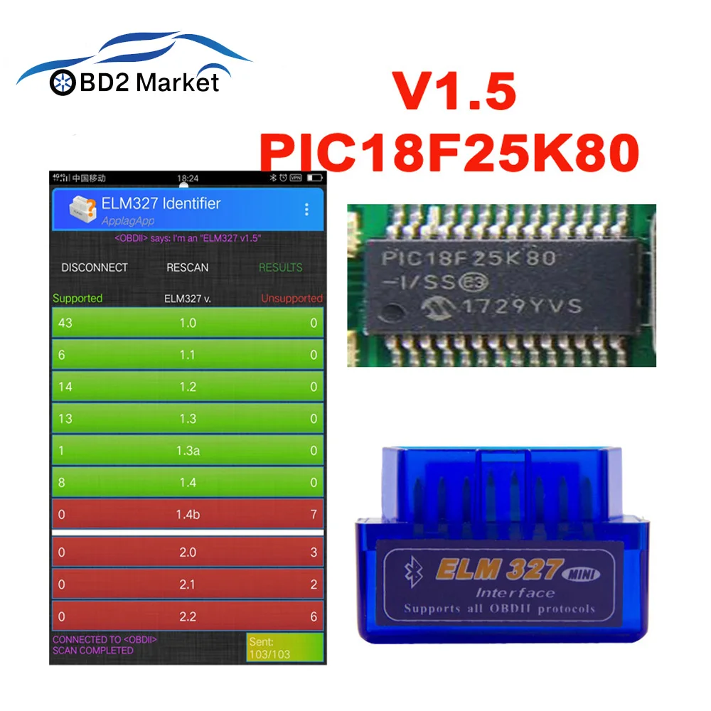 

Elm327 v1.5 Original PIC18F25K80 Bluetooth OBD2 Diagnostic Scanner Tool ELM 327 V1.5 For Android/Windows/Symbian OBD II Scanner