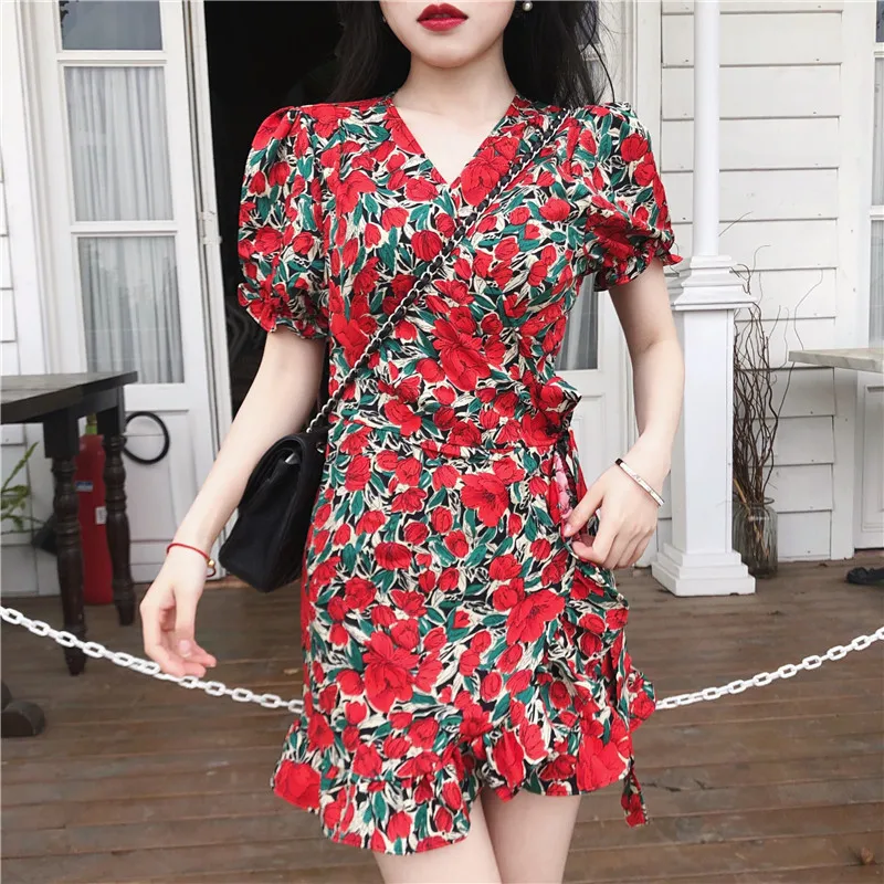 

Short Mini Dress Summer Women Floral Wrap Dress Viintage V Neck Holiday Short SLeeves Dress Sexy Slim Tunic Casual Red Vestido