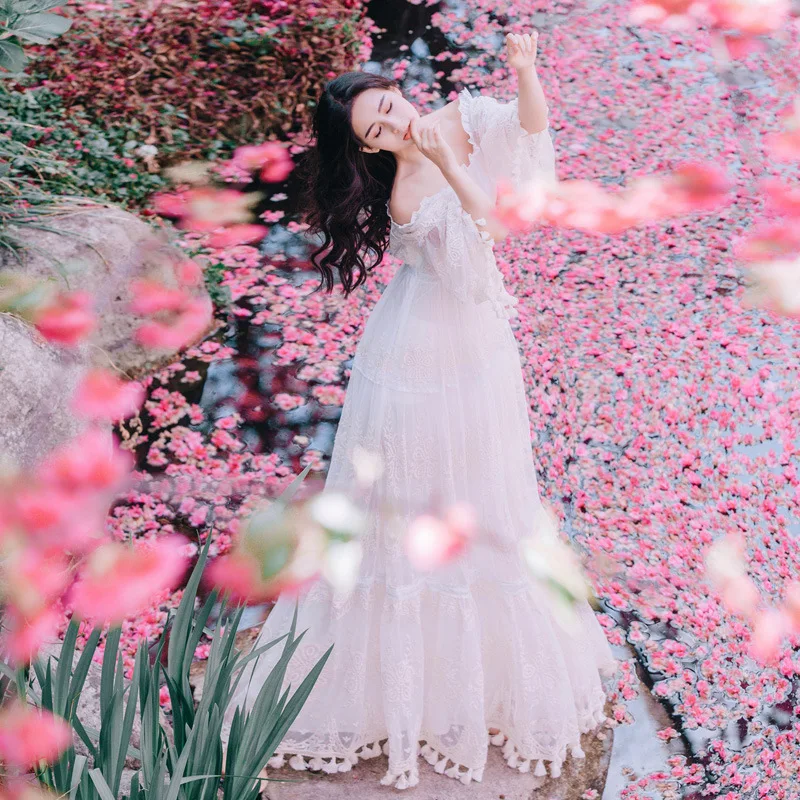 YOSIMI 2019 Summer Lace Long Women Dress Evening Party Maxi Vintage Lady White Off The Shoulder Floor-length Tassel Dress Tunic YOSIMI 2019 Summer Lace Long Women Dress Evening Party Maxi Vintage Lady White Off The Shoulder Floor-length Tassel Dress Tunic
