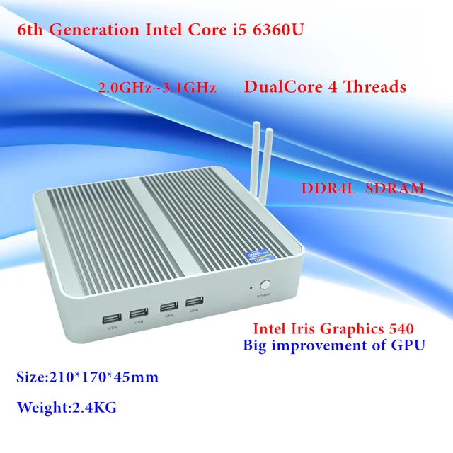 Cheap Newest Skylake Intel Core i5 6360U Mini PC Windows 10 Max 3.1GHz GPU Iris 540 DDR4L Fanless Micro Computer 4K HTPC Freeship