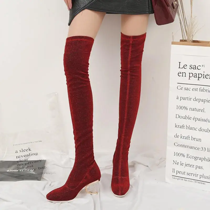 REAVE CAT/женские эластичные облегающие высокие сапоги до бедра; пикантные Сапоги выше колена; Необычные прозрачные сапоги на среднем каблуке с блестками; Bottine Fe - Цвет: Red