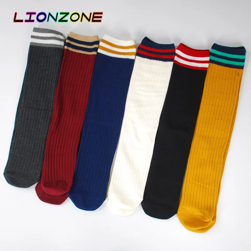 LIONZONE, 3 пары, японские корейские студенческие, для взрослых, хлопковые, ворсовые чулки, женские, две планки, прямые, длинные, без пятки, до бедра, Высокие гольфы