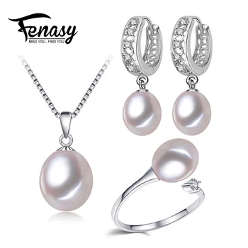 

FENASY Pearl Jewelry sets wedding engagement jewelry Pearl pendant necklace women long earring party earrings for women and ring
