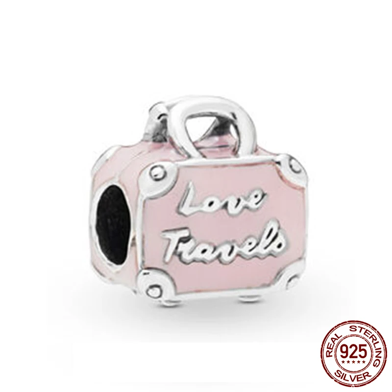 

2019New Arrival 100% 925 Sterling Silver Beads,Pink Travel Bag Charms fit Original Pandora Bracelets Women DIY Jewelry
