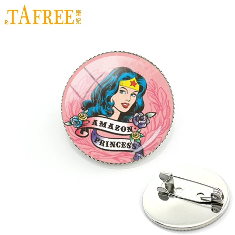

TAFREE Vintage Wonder Woman Jewelry super hero Brooch beautiful and Realistic round Glass pins Vintage Badge 2017 jewelry NS426