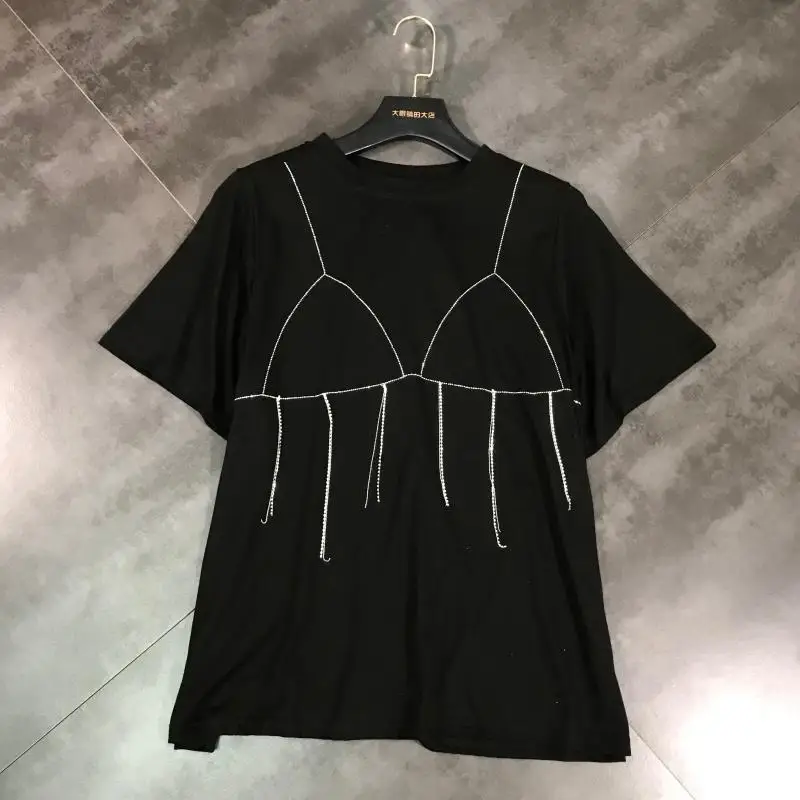 

2019 summer new candy color rhinestone underwear figure fringed hot diamond round neck short sleeve T-shirt female
