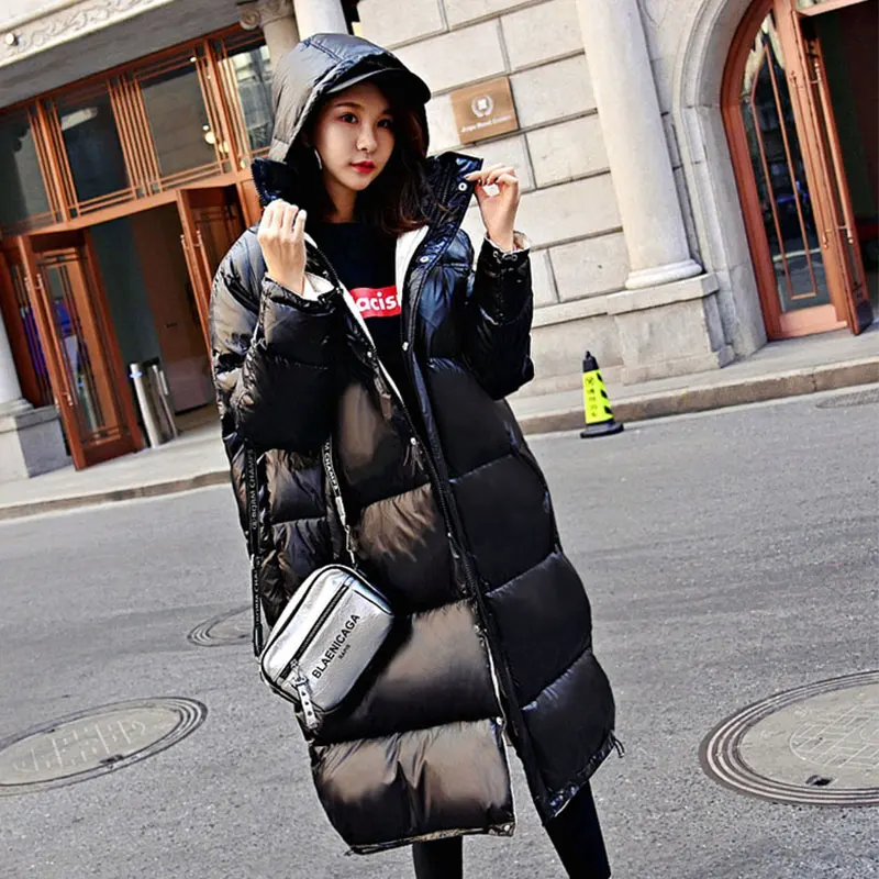 Waterproof Glossy Winter 90% White Duck Down Jacket Women Hooded Long Down Parka New Arrival Straight Womens Down Coats 168 - Цвет: Black