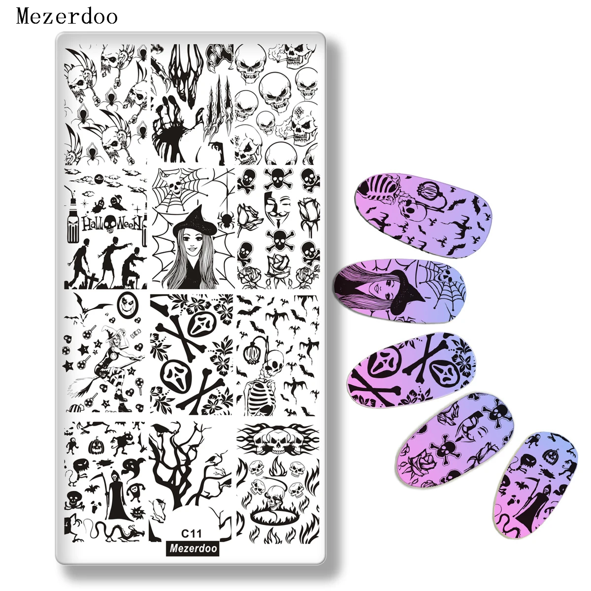 

Halloween Rectangle Manicure Stamp Template 12*6cm Spider Web Skeleton Designs Nail Art Image Plate Celebration Mezerdoo C11