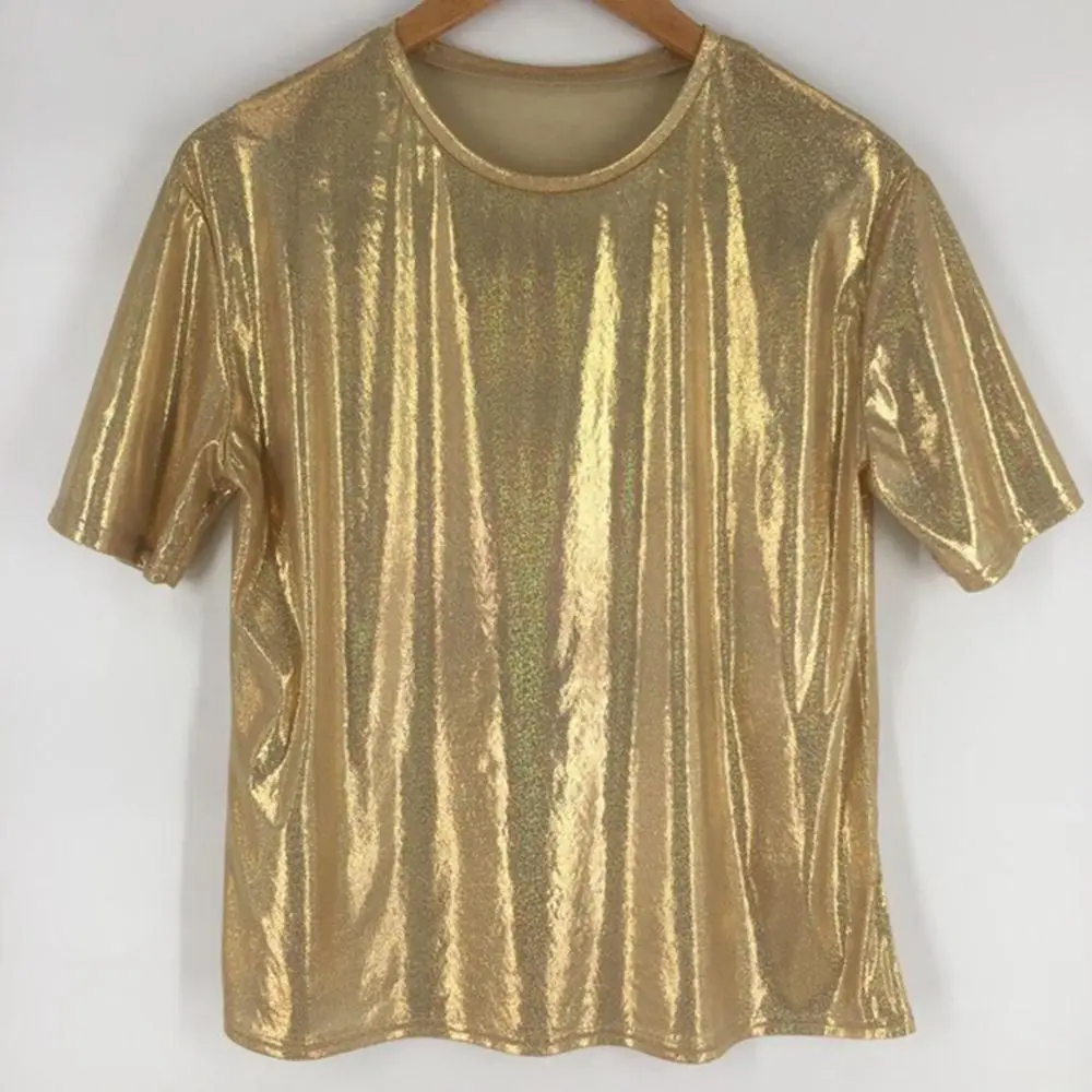 1 шт., женская футболка в стиле Харадзюку, сексуальная, короткий рукав, летняя, Ретро стиль, стильные, яркие, блестящие, свободные топы, модная, повседневная, сексуальная, Клубная футболка - Цвет: gold