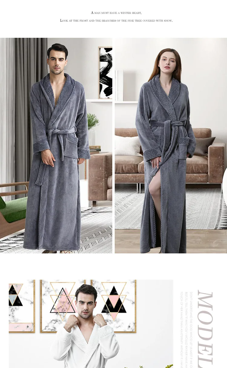 QWEEK Winter Stitching Womens Robes Sleepwear Plus Size Splid Color Bathrobes Homewear Flannel Couple Bath Robe Sleepwear