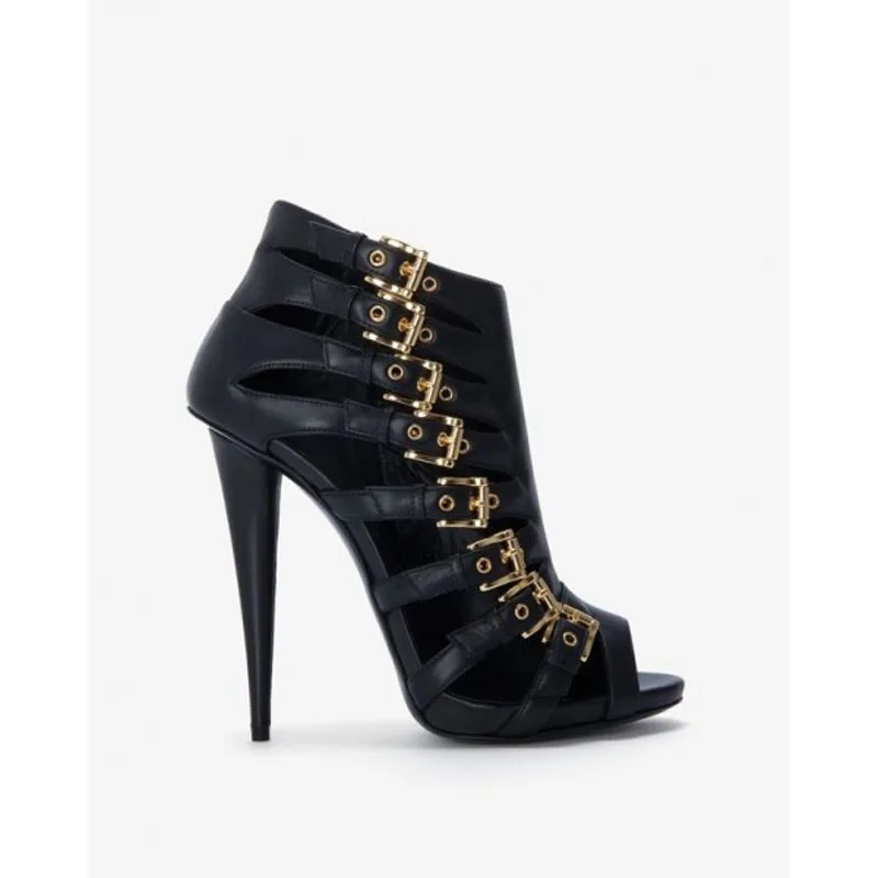 Черные модные летние ботинки с открытым носком и золотыми пряжками, рабочие ботинки, модная обувь для коктейлей и вечерние, женская обувь, большие размеры, Botas Mujer
